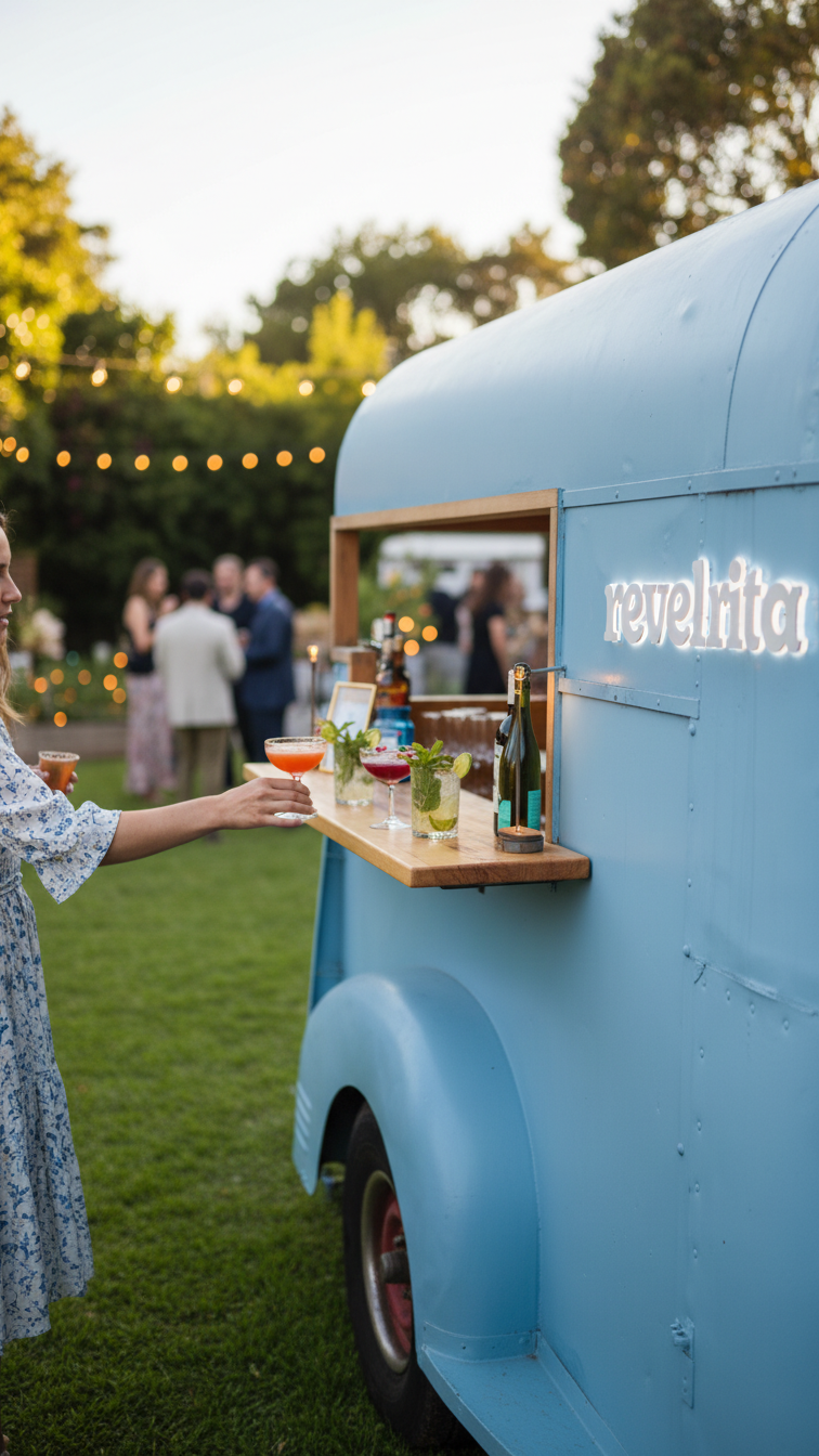 A woman holding a drink at a light blue mobile bar decorated for an outdoor gathering or party with people socializing in the background and string lights hanging overhead.