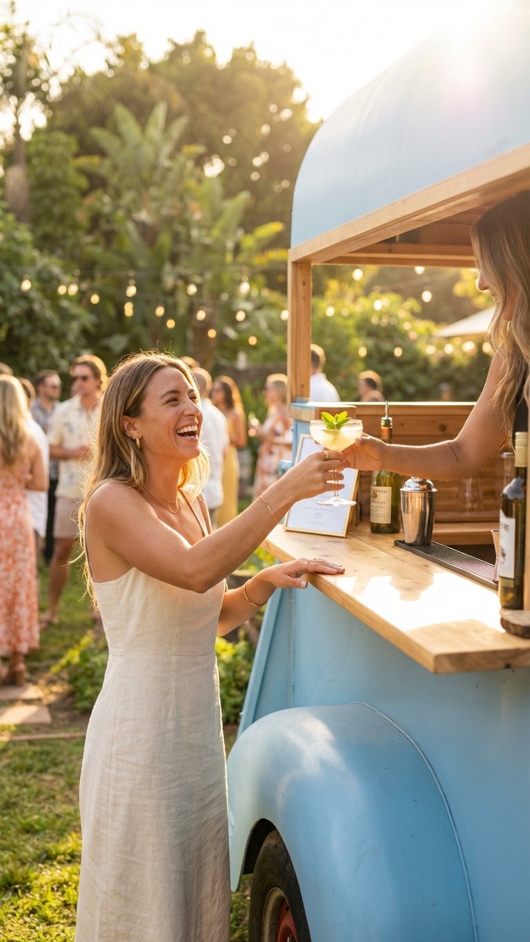 Woman in a white dress smiling and receiving a cocktail from a bartender at a blue food truck during an outdoor event in the late afternoon or early evening.