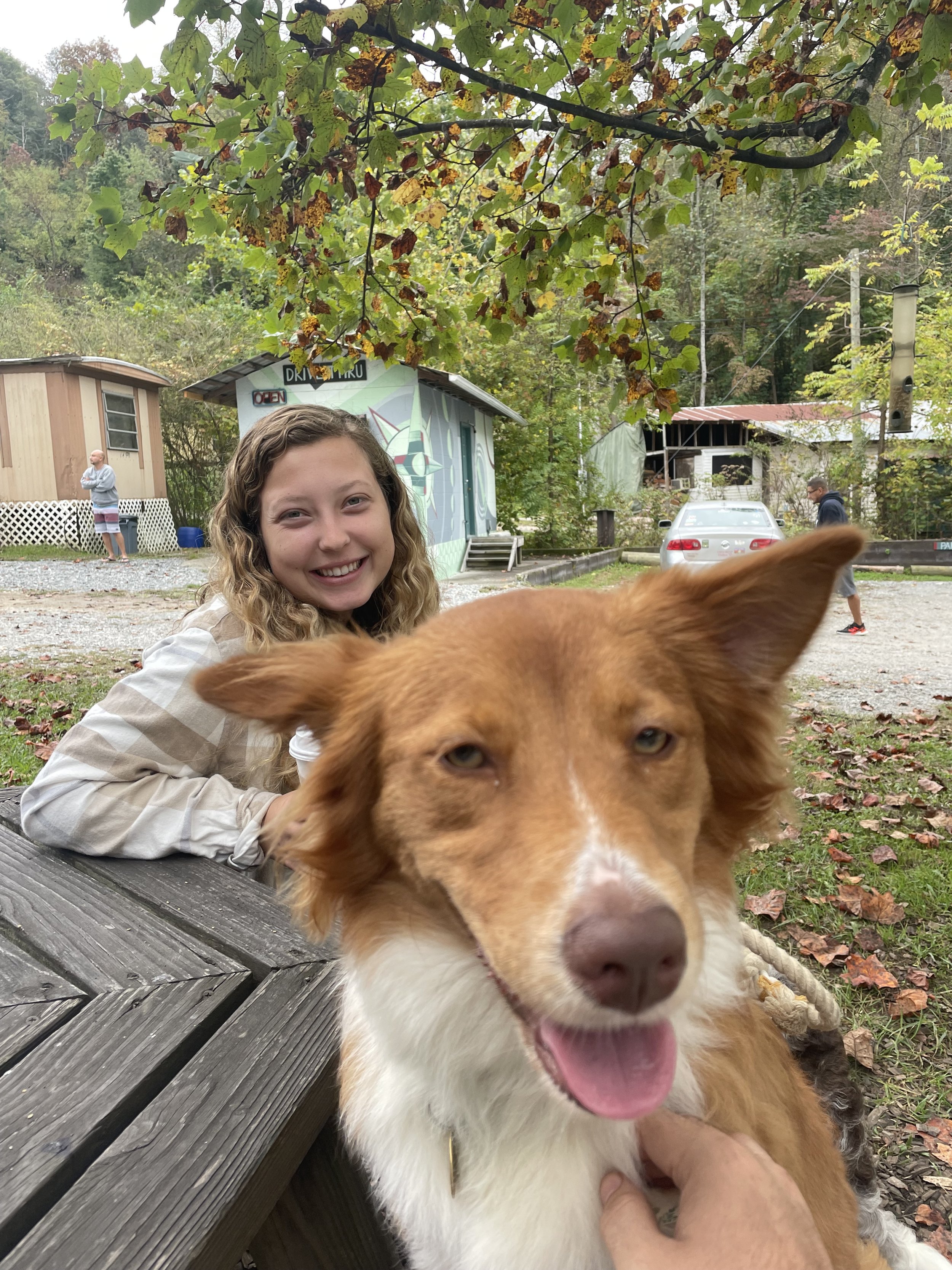 A young woman with curly blonde hair smiling at the camera, a big brown and white dog with a happy expression in the foreground, and two other people in the background in a wooded outdoor area with fallen leaves and small buildings.
