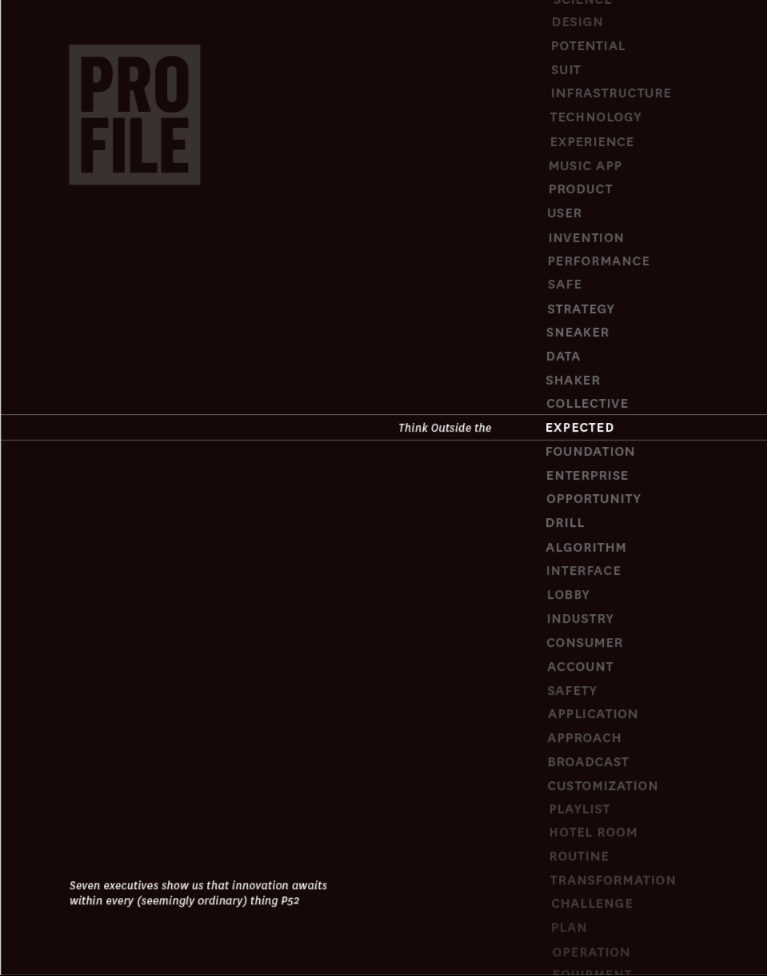 After winning an SPD award, Profile became known for its unique cover design and photo illustrations. This issue focused on disruption in the business world, and the cover design carried through to the feature section within the magazine.  