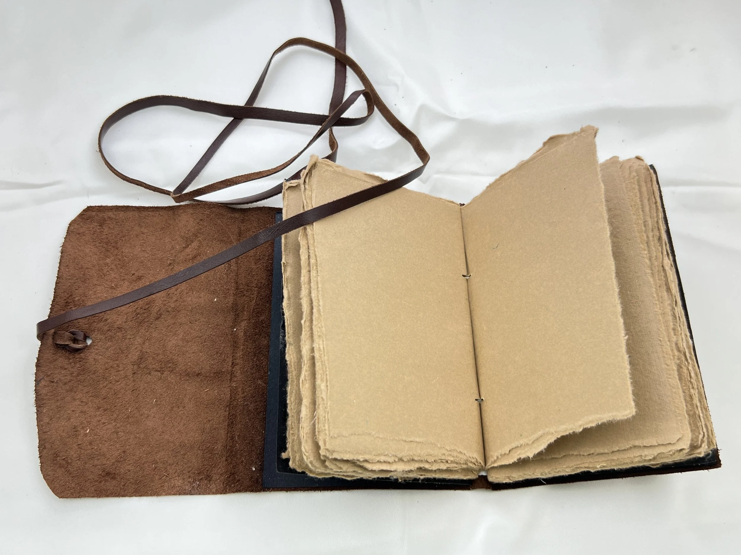 4x6 brown leather deckle paper journal open