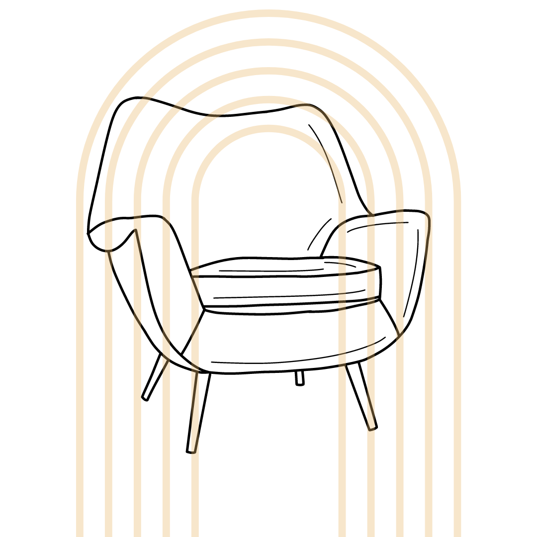 Skizze eines stilisierten Sessels vor einem Hintergrund mit aufeinanderfolgenden Bögen in hellbeige. Traumasensitives Coaching bei Katharina Seedorf