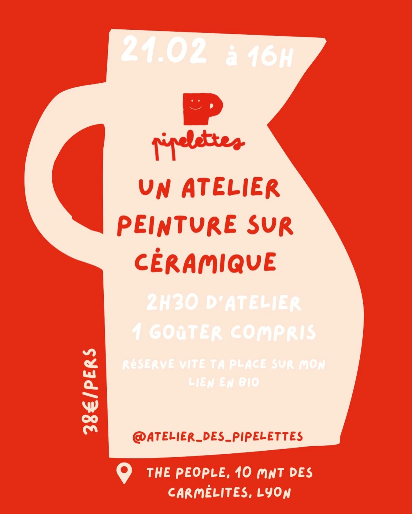 ✨Atelier peinture sur c&eacute;ramique - itin&eacute;rant✨

Rendez-vous samedi 21 f&eacute;vrier de 16h &agrave; 18h30 pour un moment cr&eacute;atif de 2h30 au @thepeoplelyon !

Viens d&eacute;corer la c&eacute;ramique de ton choix (valeur 30&euro;) 