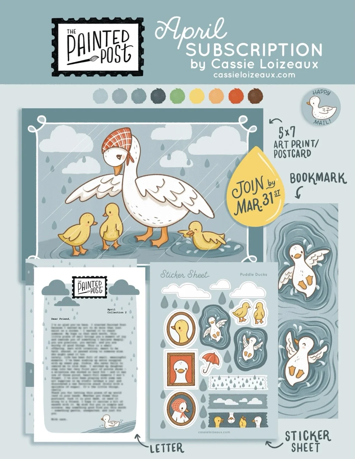 Hi friends, it&rsquo;s already time for the second collection of The Painted Post!!!! When I began sketching ideas for April, I knew I wanted to focus on rain. Naturally, my first thought was to draw ducks&hellip;Puddle Ducks. Just like this mama duc