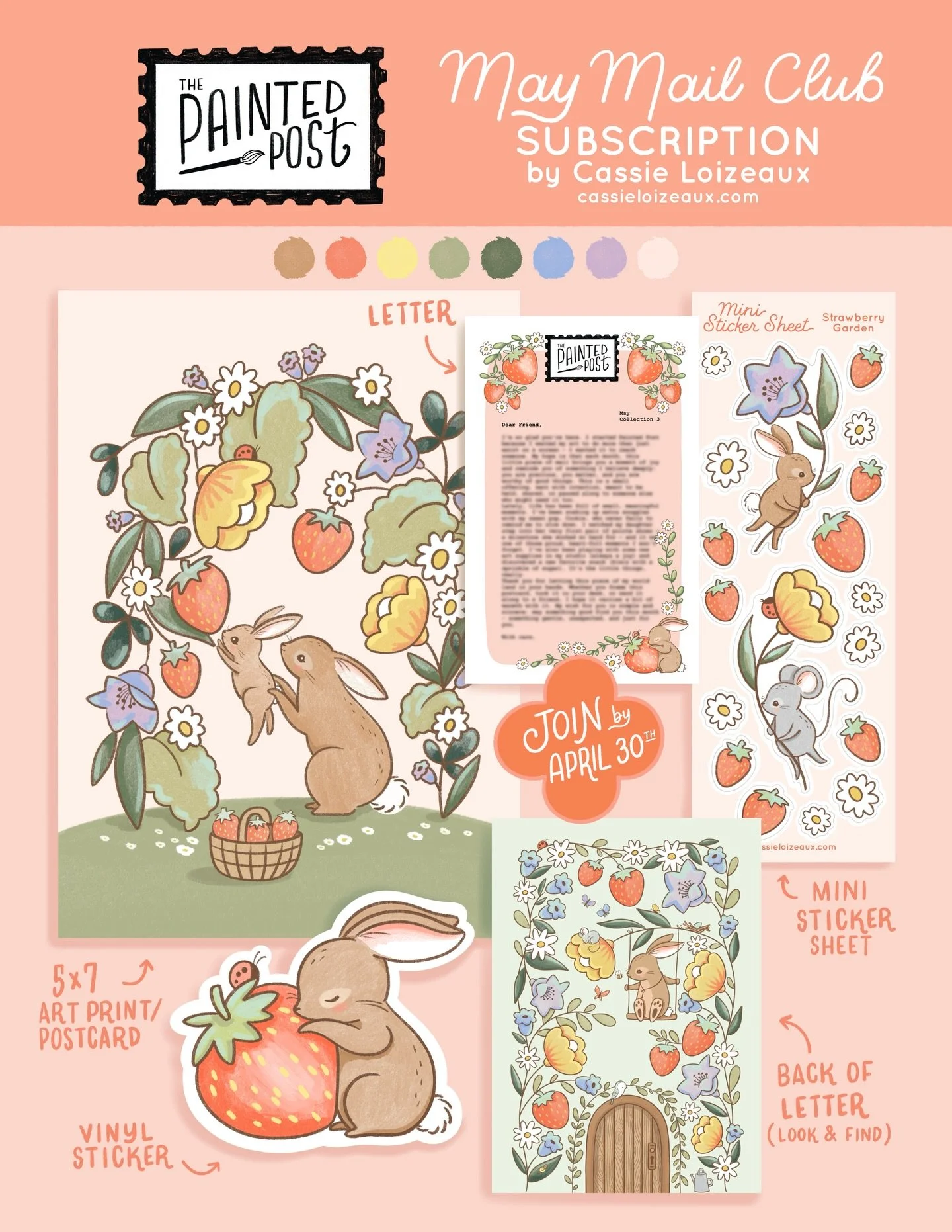 Hi friends, it&rsquo;s time for the third collection of The Painted Post, Strawberry Garden! I&rsquo;m absolutely in love with this collection. I dedicated more time to making the artwork really special and it shows.
The art print/postcard features a