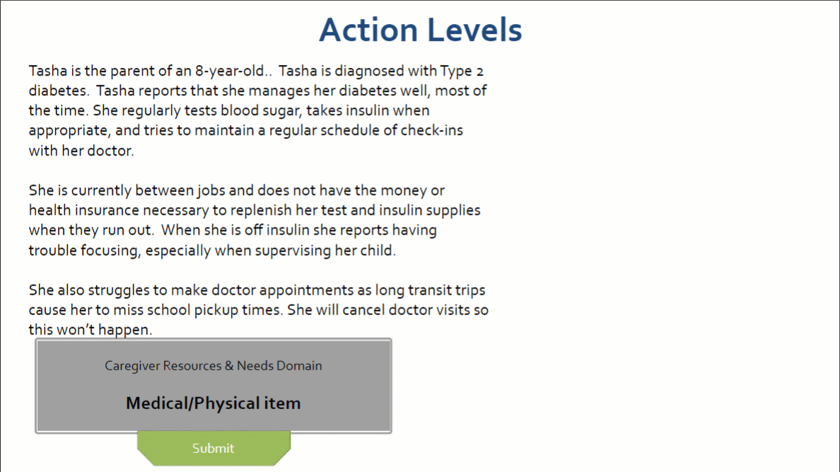 Snippet of an action levels interaction, showing the learner reading a short story and then choosing an appropriate assessment rating.