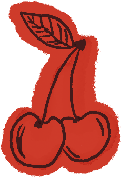 Drawing of two cherries connected by a stem with a leaf