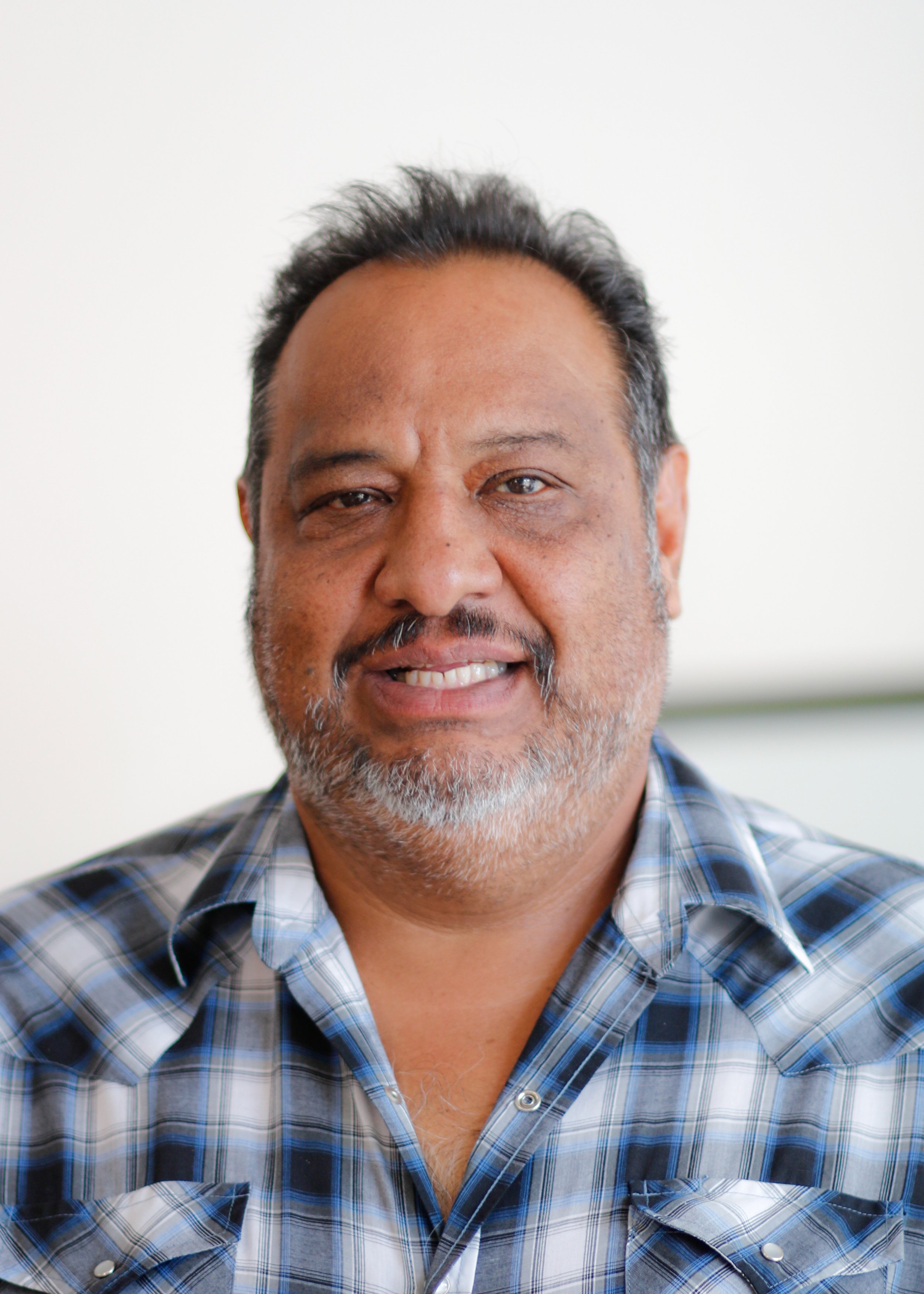 Close-up portrait of a middle-aged man with a beard and mustache, wearing a blue plaid shirt, smiling slightly, with a plain light-colored background.