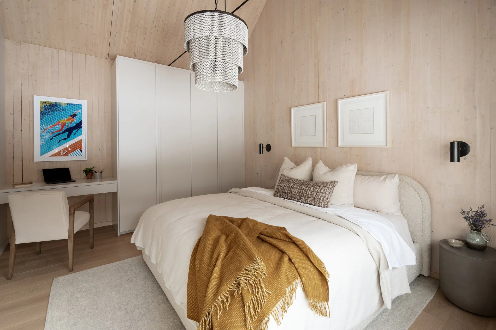 bedroom with neutral palette and cross-laminated timber interior