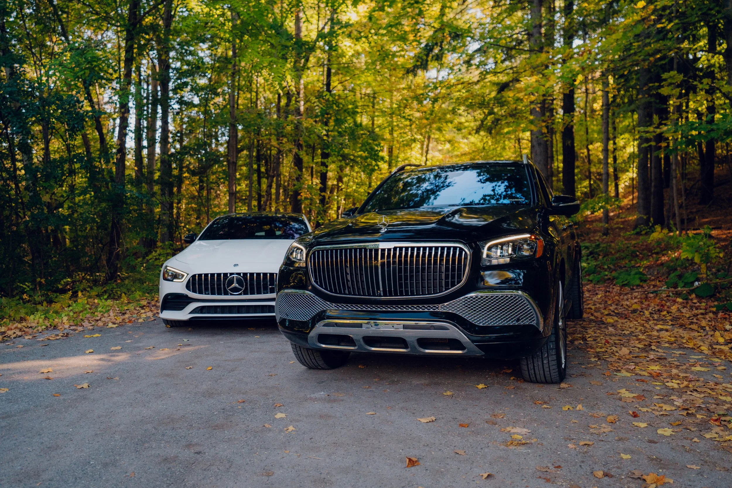 Two luxury Mercedes-Benz SUVs parked on a paved road in a wooded area with green and yellow autumn leaves.