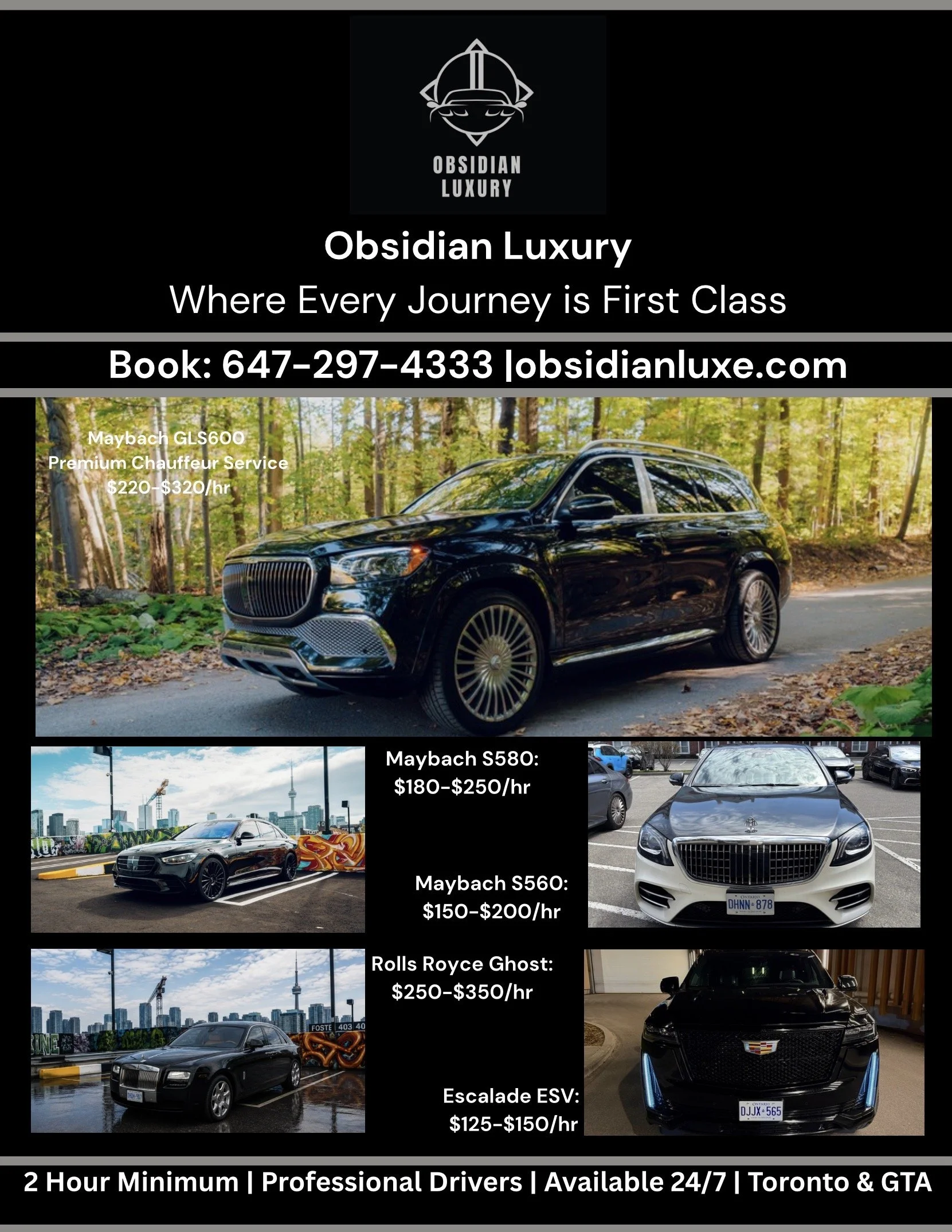 Advertisement for Obsidian Luxury car service featuring images of luxury cars including a Maybach GLS600, Maybach S580, Maybach S560, Rolls Royce Ghost, Escalade ESV, and a Cadillac SUV in various settings. The ad highlights services with pricing, availability, and contact information in Toronto and GTA.