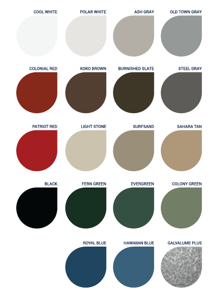 Color chart with multiple colored fabric swatches arranged in rows, including shades of white, red, green, and blue, with a gray textured fabric sample at the bottom right.