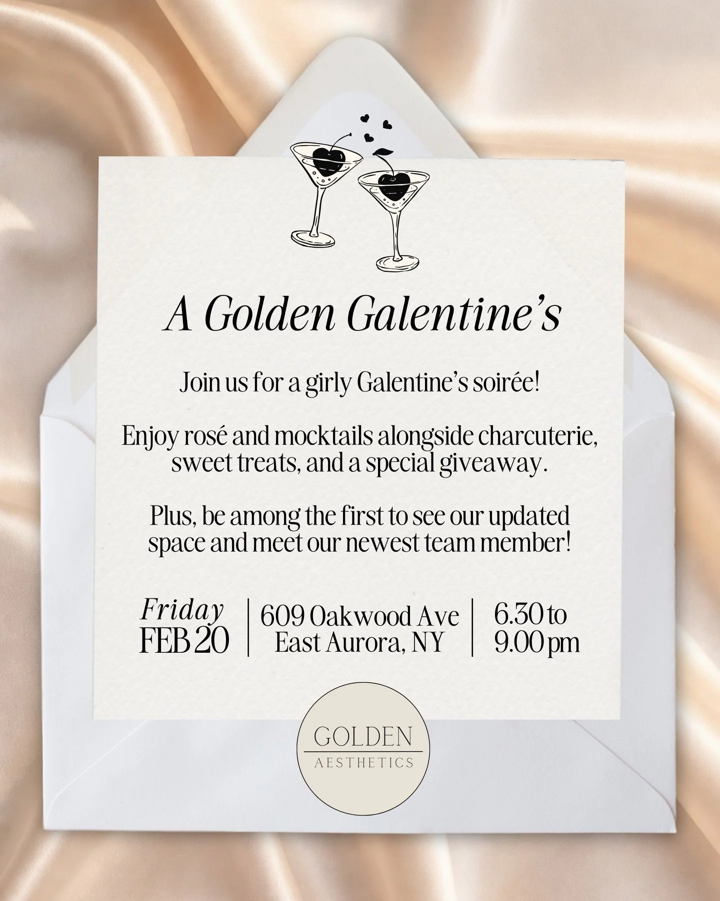 You&rsquo;re cordially invited to a very Golden Galentine&rsquo;s 💌

Think decadent drinks, yummy bites, sweet treats, and a special giveaway ✨

Grab your girls, meet new friends, and celebrate all things girlhood with us.

We&rsquo;ll also be revea