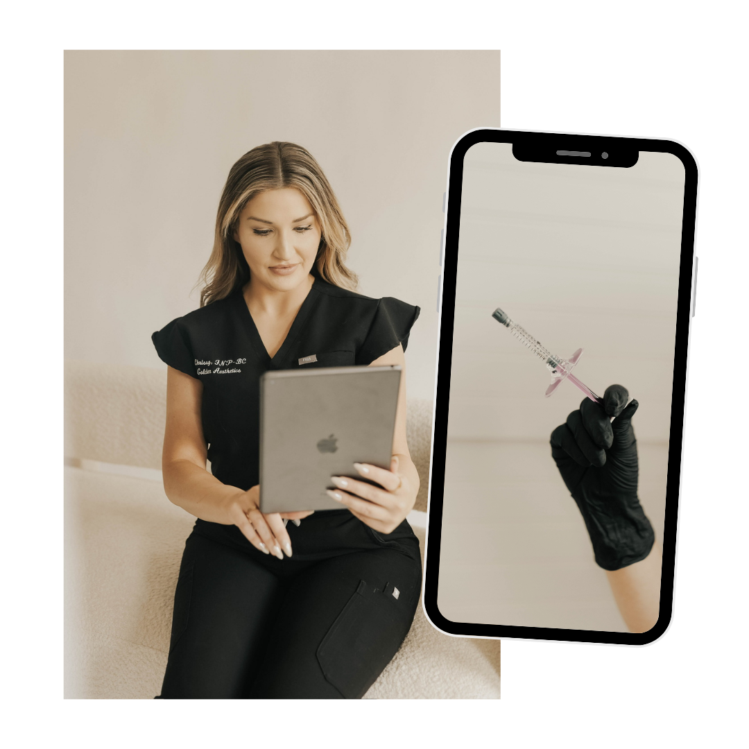 Chrissy Poharatnyj FNP-BC, founder and aesthetic nurse practitioner at Golden Aesthetics, reviewing patient information on tablet with injectable syringe service shown