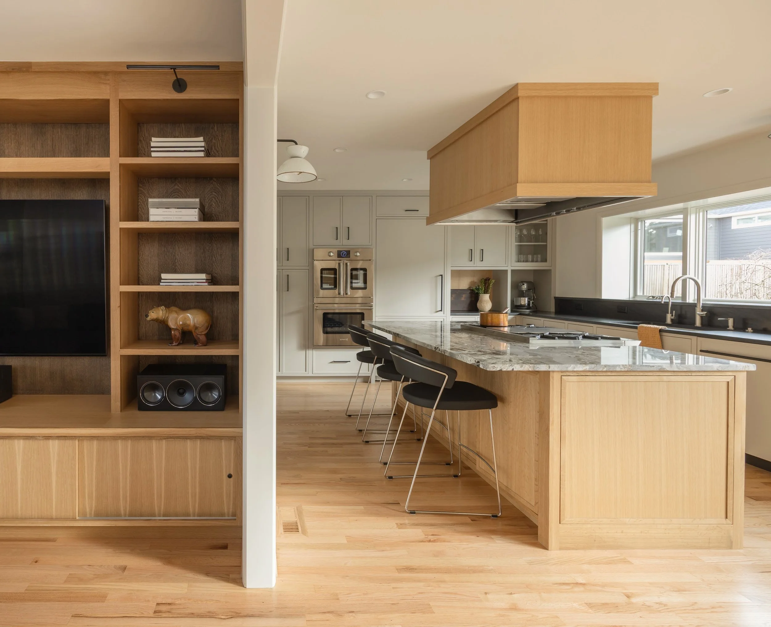 mid century modern kitchen and sitting room with shelves