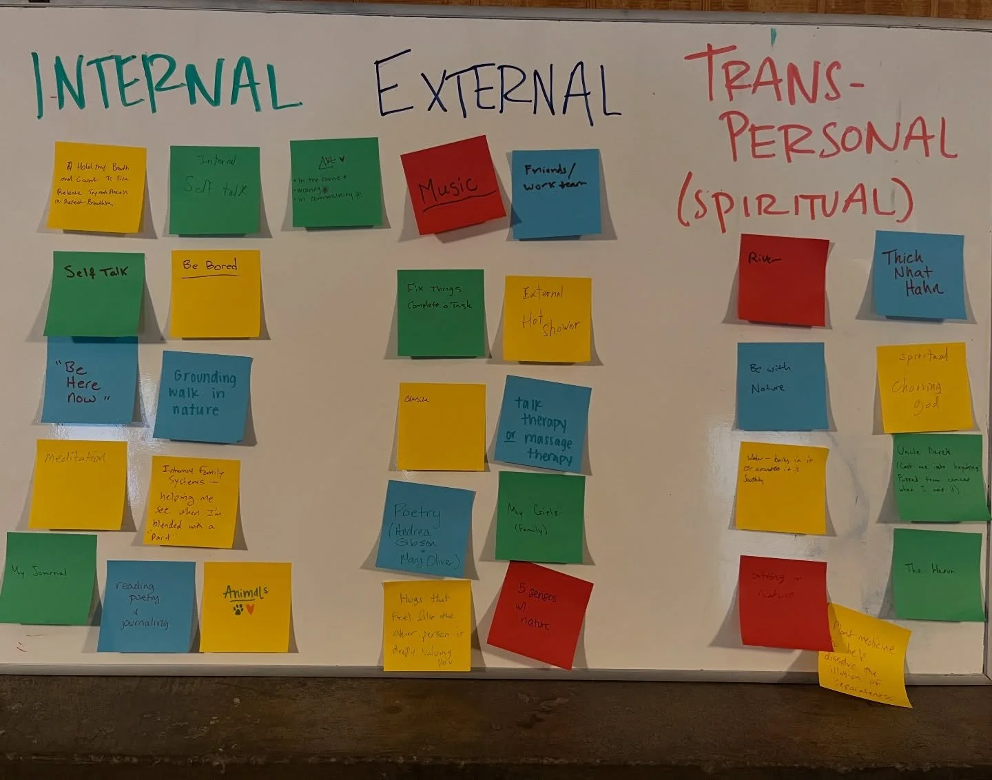 It all comes back to Resources.

This photo is from our last Headwaters Retreat, where our community explored the tools that help us move through the heavy seasons in life: internal center, external support, and the spiritual / transpersonal groundin