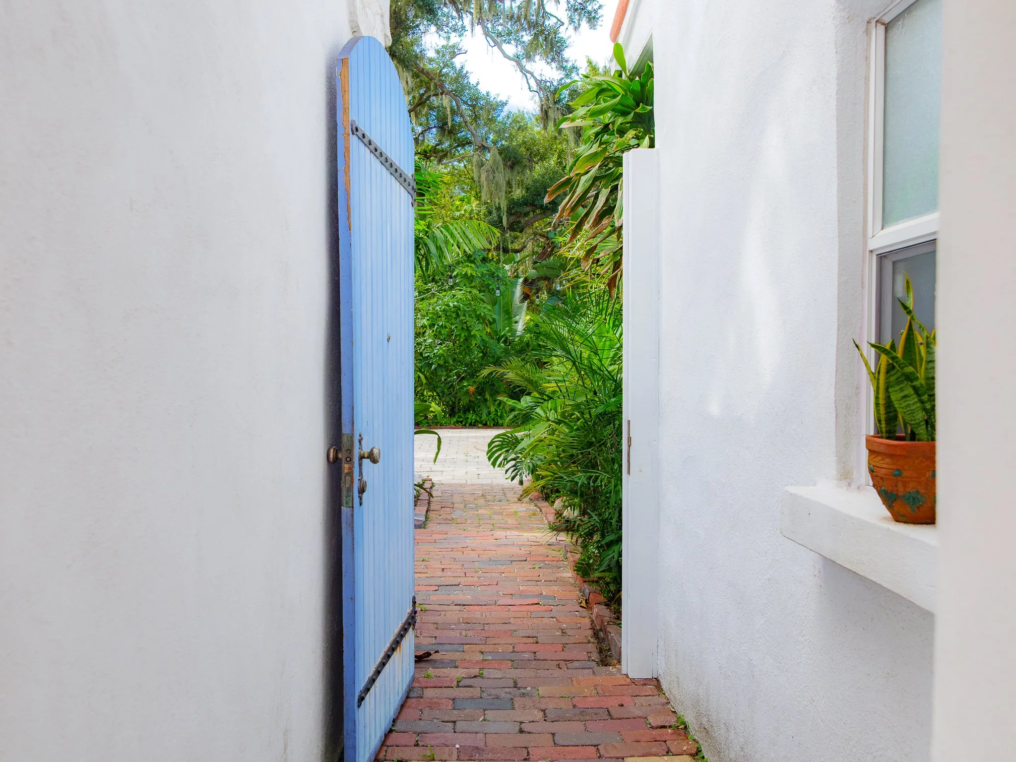 Open blue door leading to a lush garden with brick pathway and greenery.