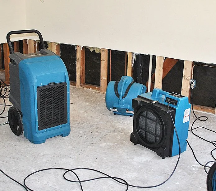 Service illustration: dehumidifiers and air movers beside exposed wall framing.