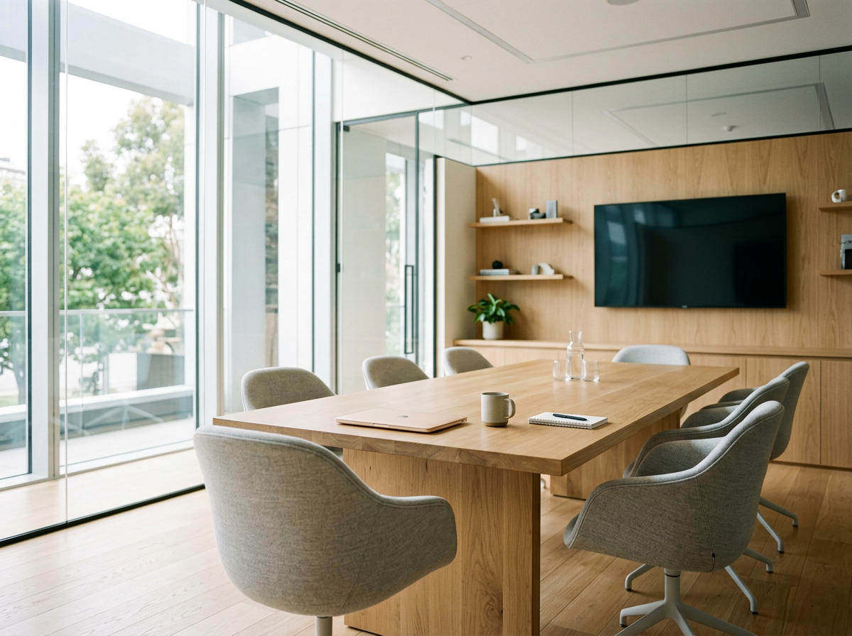 Small meeting room with a wood table, chairs and a wall-mounted screen