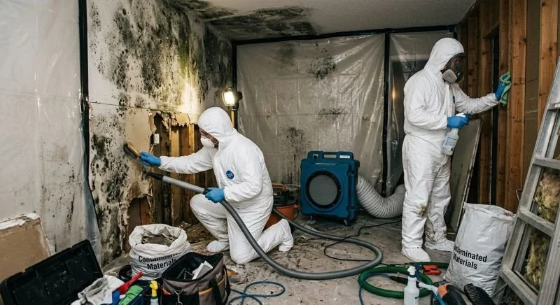 Service illustration: protective suits, containment sheeting and filtration equipment during mold-related cleanup.
