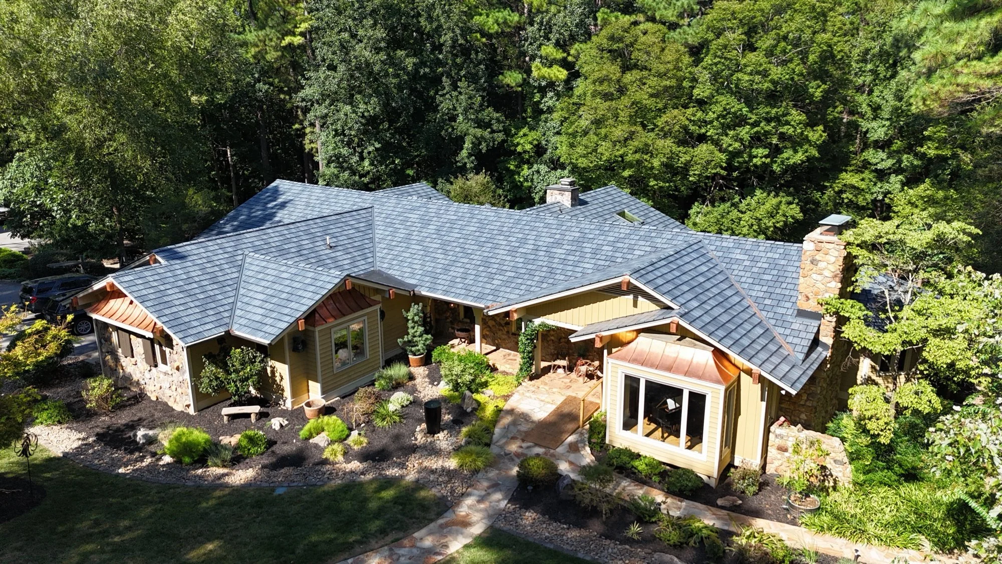Roof replacement by Reign Resolution: aerial view of a completed roof