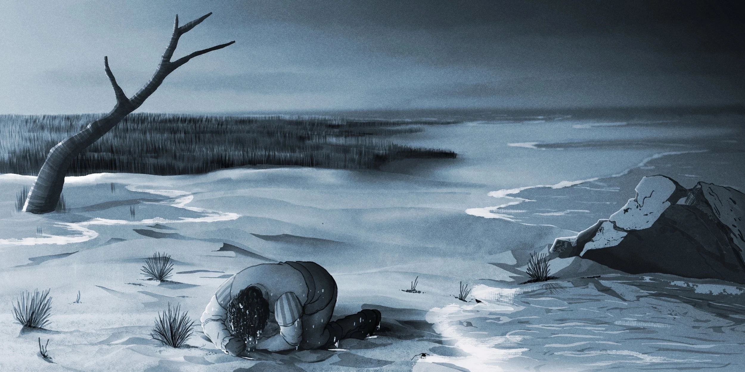 Esteban De Dorantes concept illustration - real-life First African Explorer of the Americas - Esteban lands on a beach after shipwreck