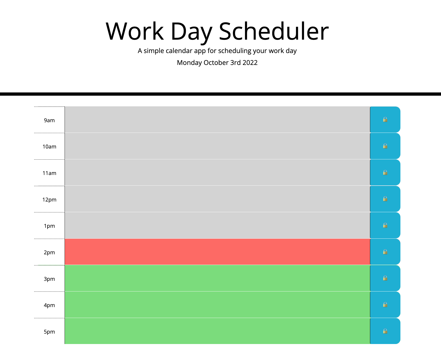 HTML, CSS, jQuery, and Third-Party APIs: Work Day Scheduler