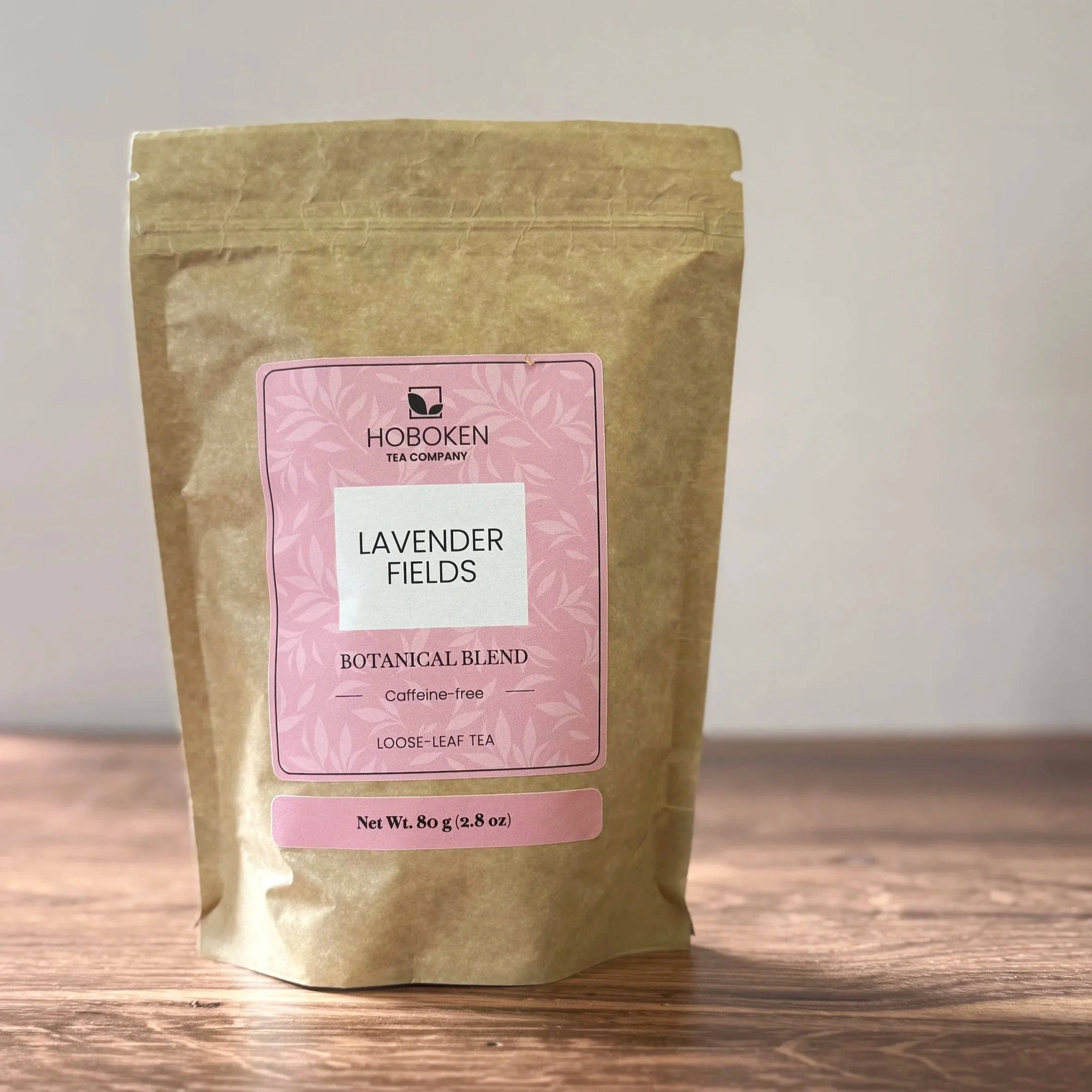 a large brown paper packet of Lavender Fields organic herbal loose leaf tea from Hoboken Tea Company