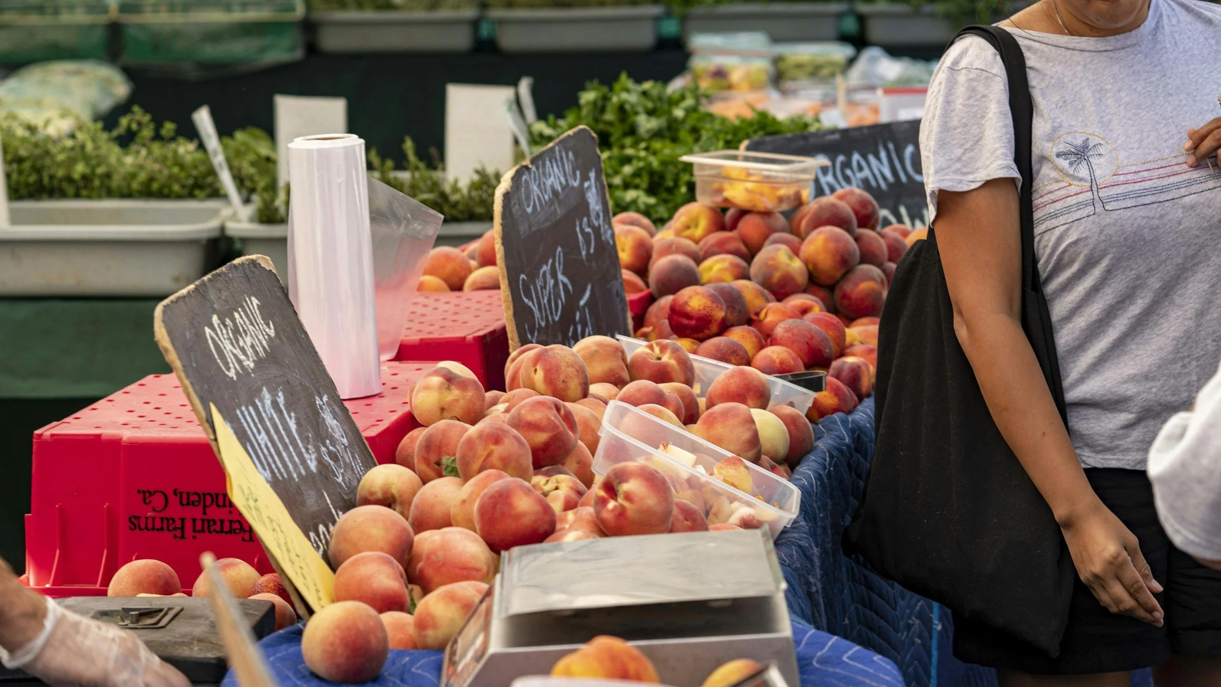 A farm stand at a market featuring bins of peaches and other produce