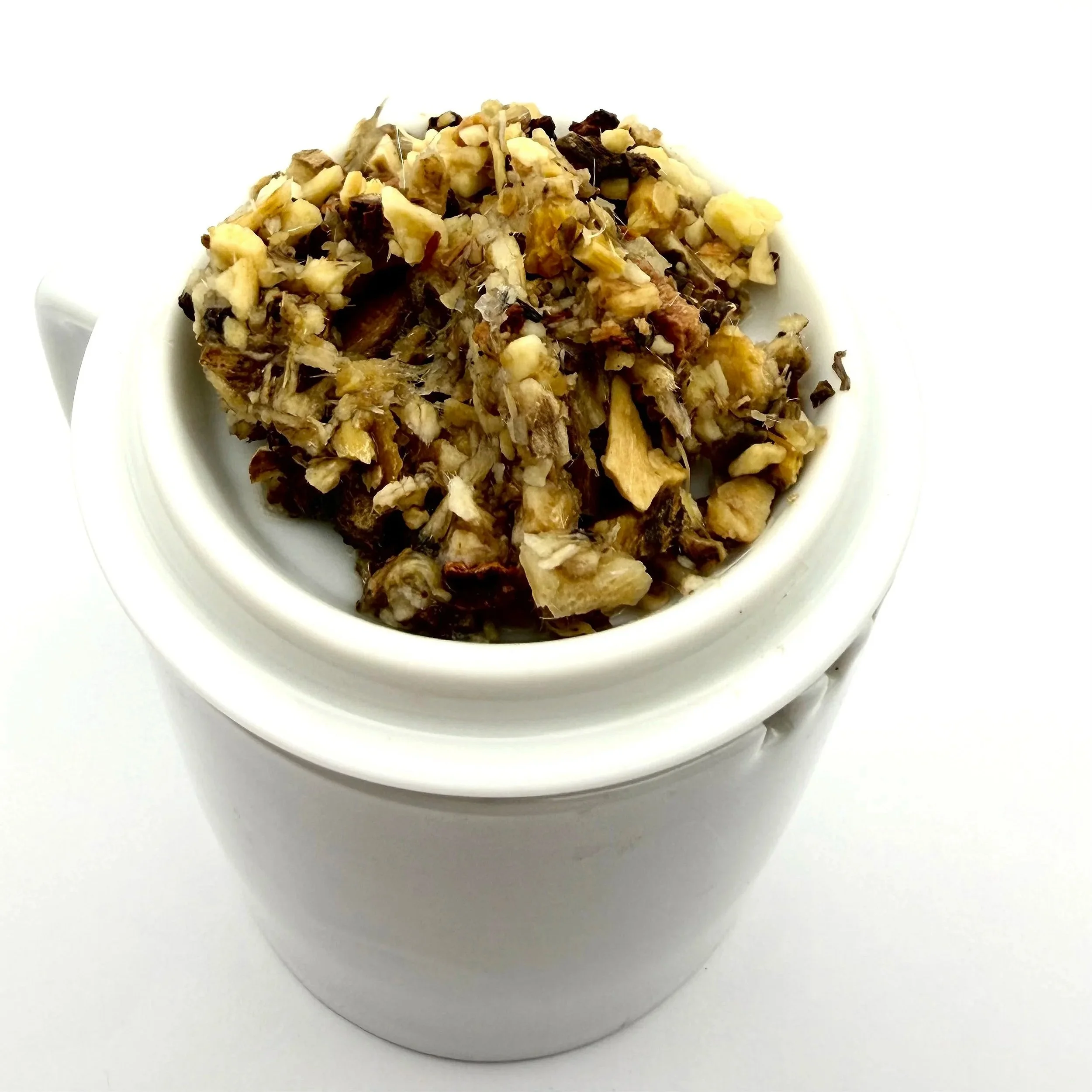 Snow Day herbal loose leaf tea after infusion on a white background