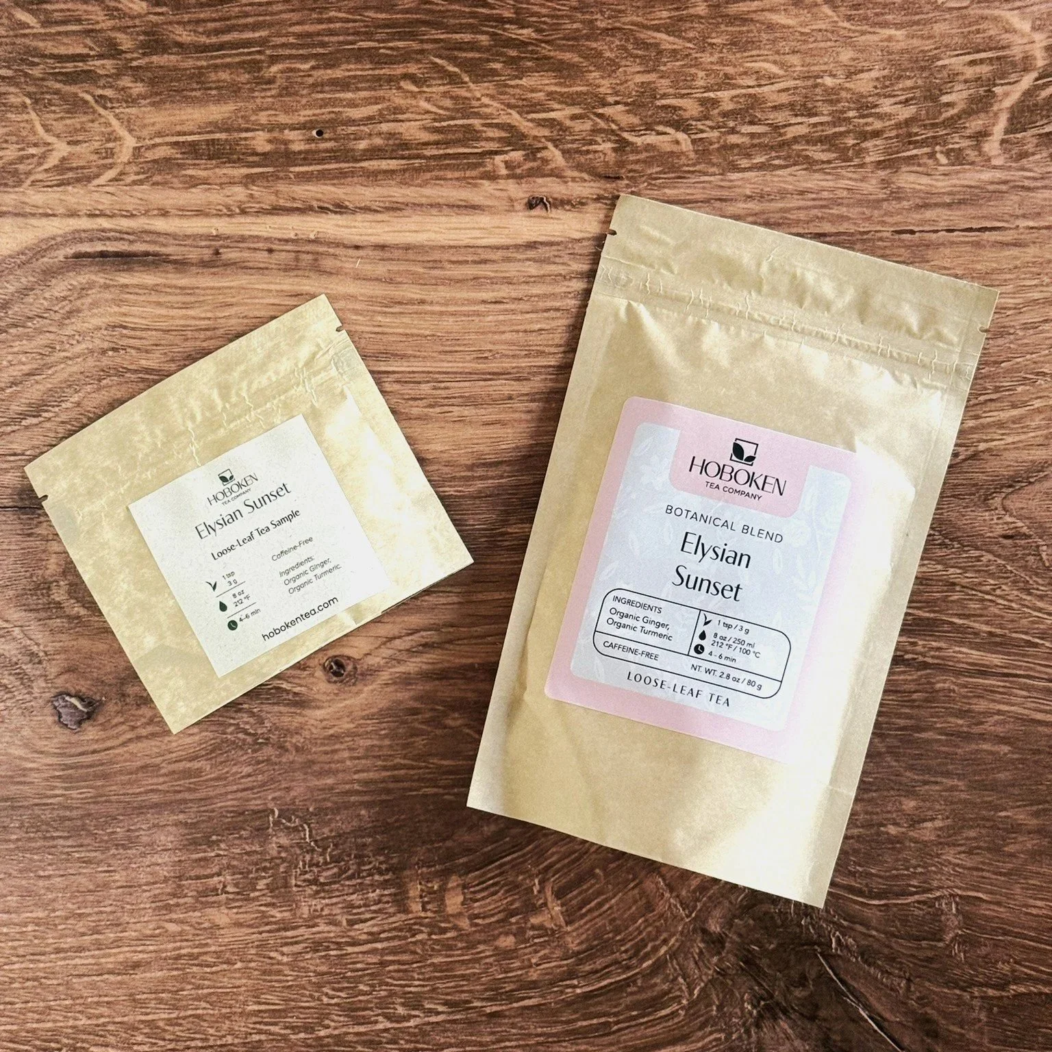 packages of Hoboken Tea Company's Elysian Sunset loose leaf herbal tea