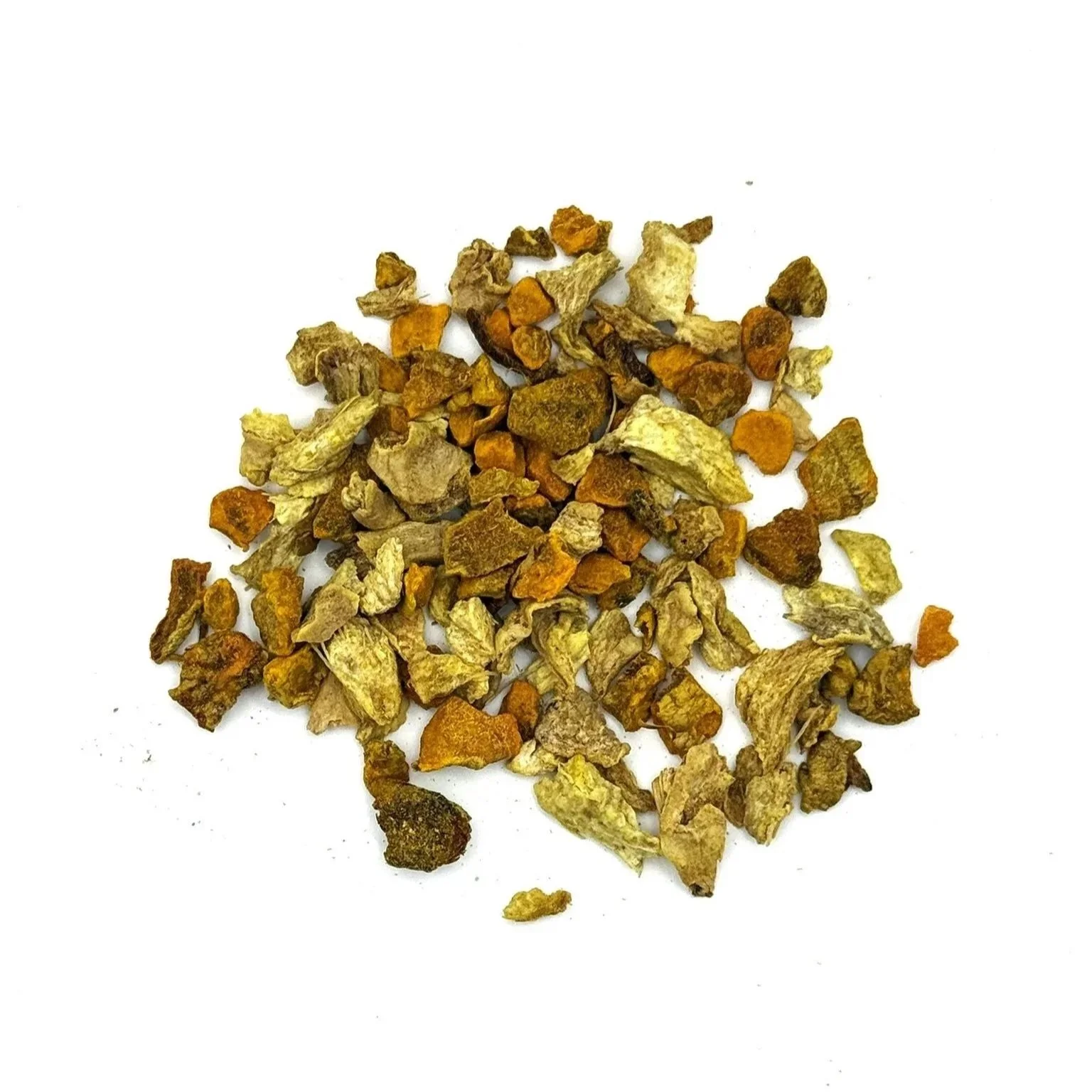 a pile of dried turmeric and ginger organic herbal loose leaf tea
