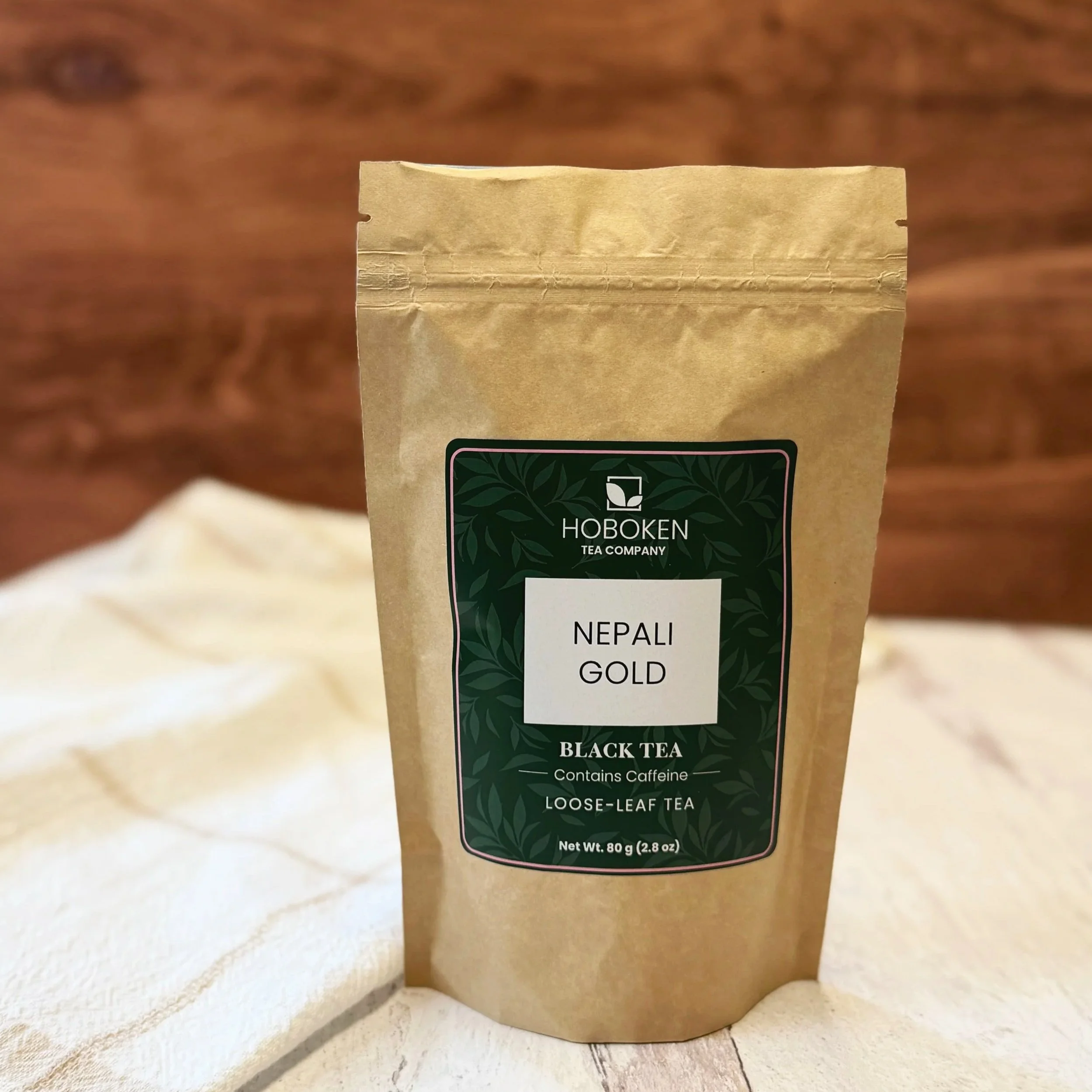 a package of loose leaf Nepali Gold black tea from Hoboken Tea Company