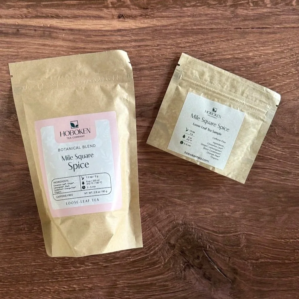 packages of Hoboken Tea Company loose leaf herbal Mile Square Spice tea