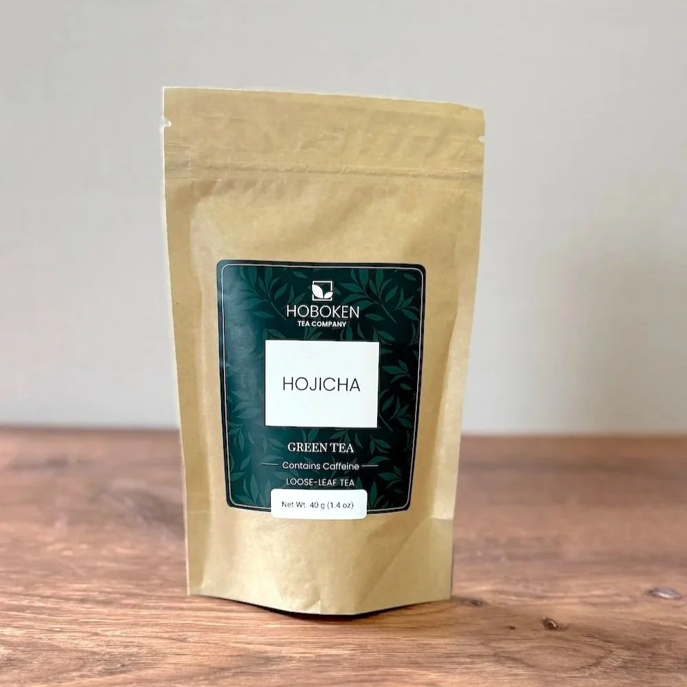 a brown paper packet of loose leaf Hojicha tea from Hoboken Tea Company