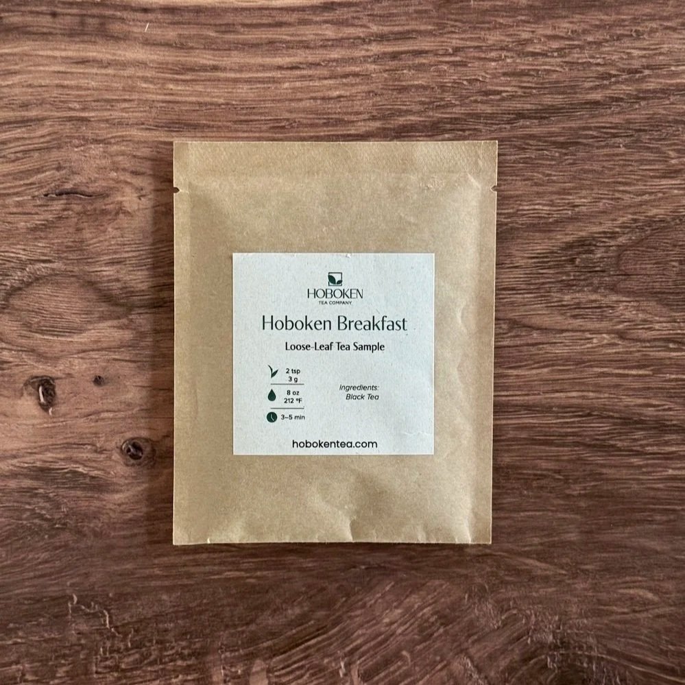 small paper packet of loose leaf black breakfast tea from Hoboken Tea Company