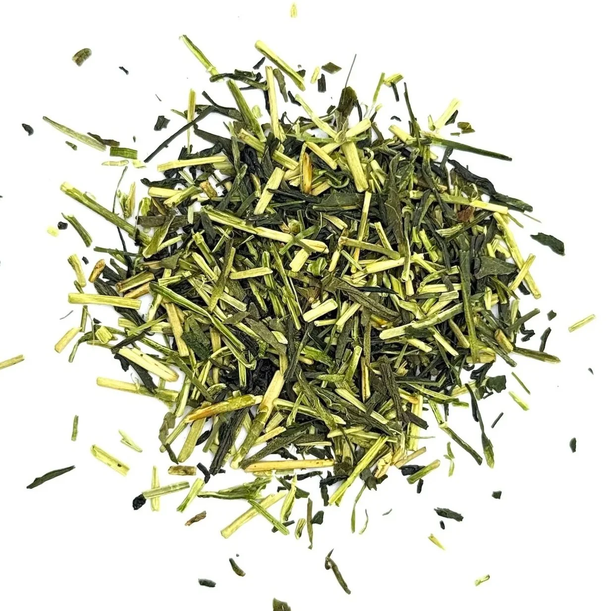 a pile of loose leaf green kukicha tea