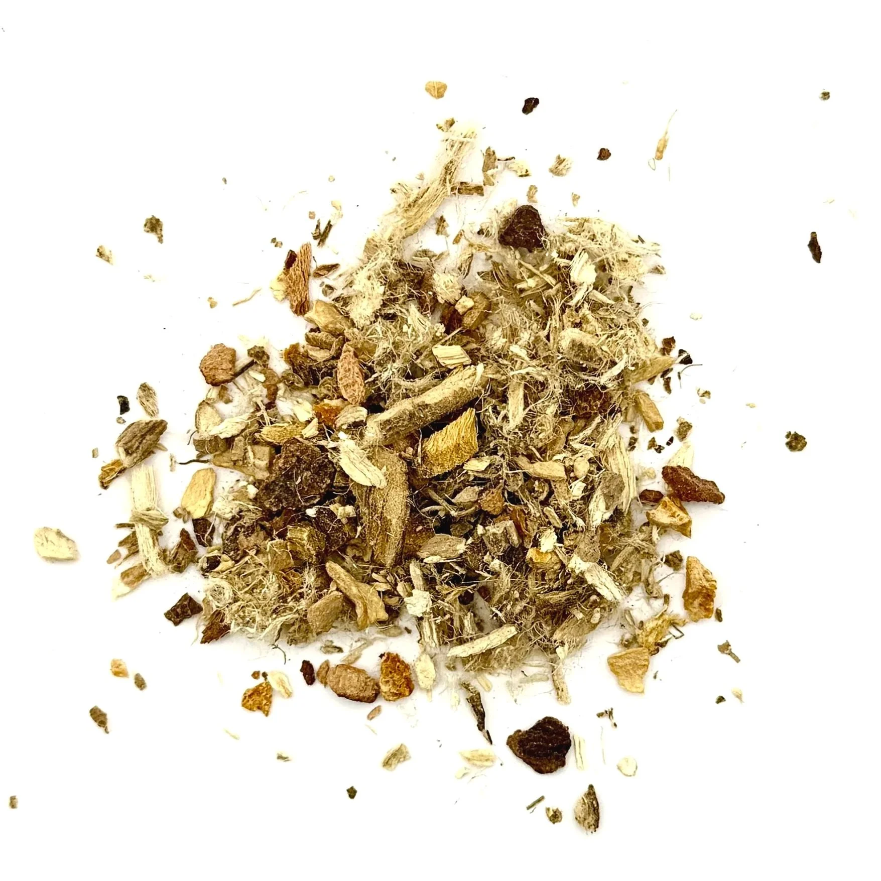 a pile of loose leaf herbal tea with marshmallow, licorice root, ginger, and lemon on a white background