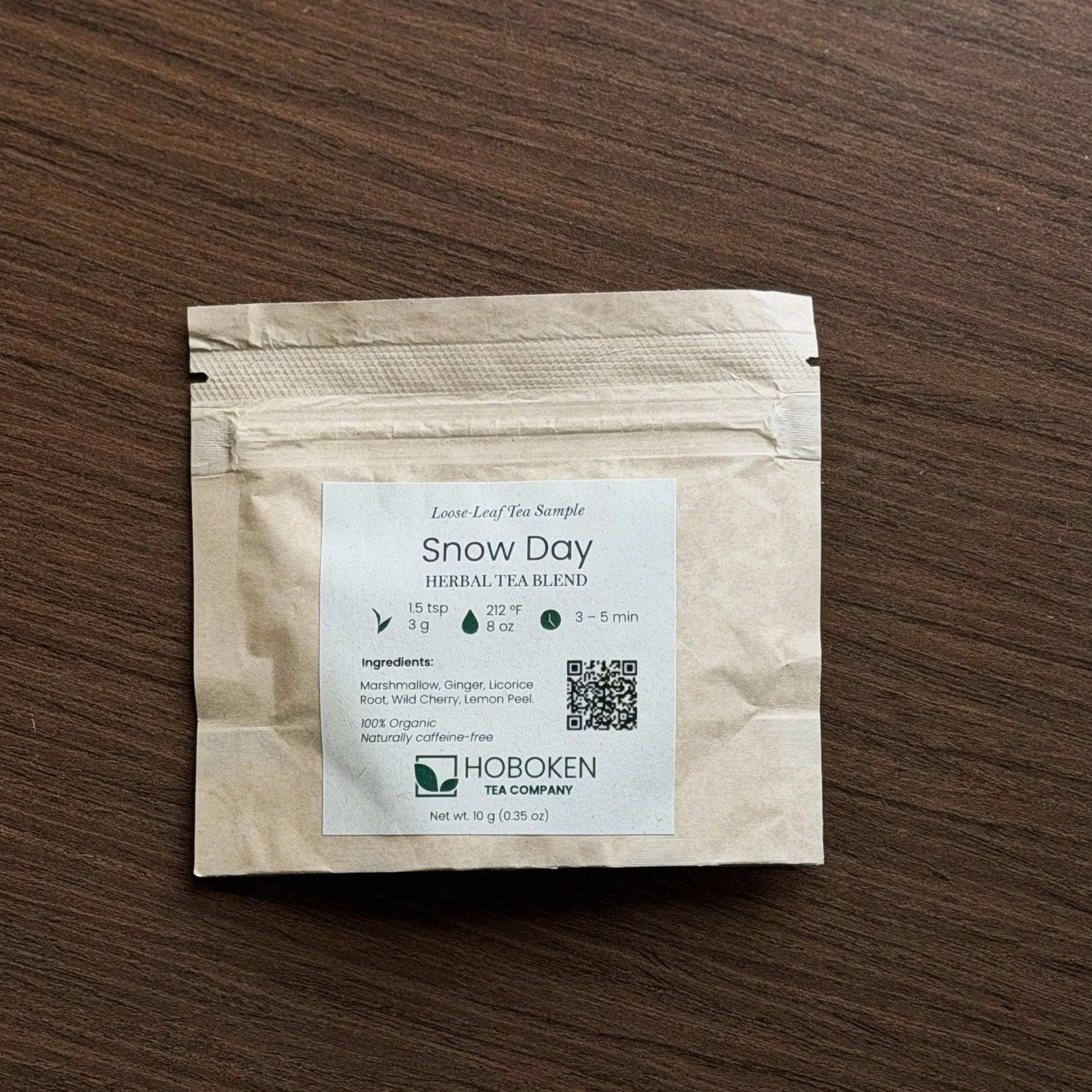 a small sample size packet of Snow Day herbal loose leaf tea from Hoboken Tea Company