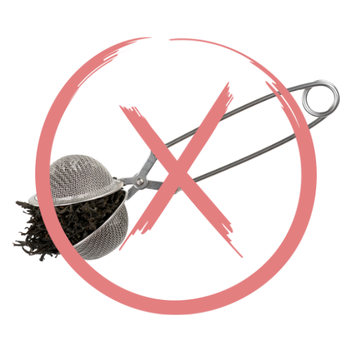 a metal tea red X graphic on top of a photo of a ball strainer overfilled with tea leaves