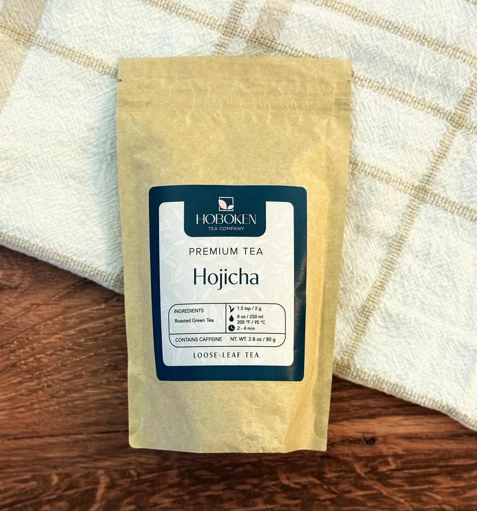 a brown paper packet of loose leaf Hojicha tea from Hoboken Tea Company