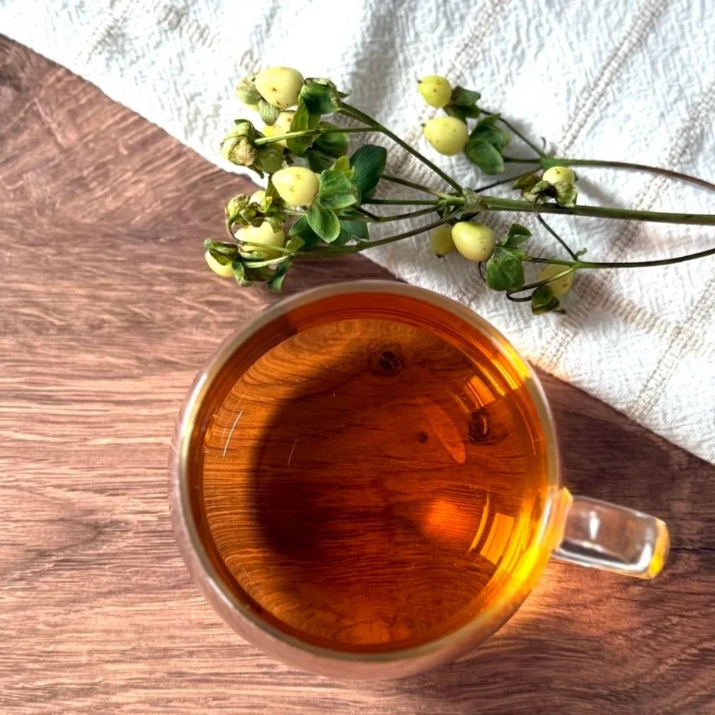 a glass cup of hojicha roasted green tea on a wood table next to a sprig of flower buds