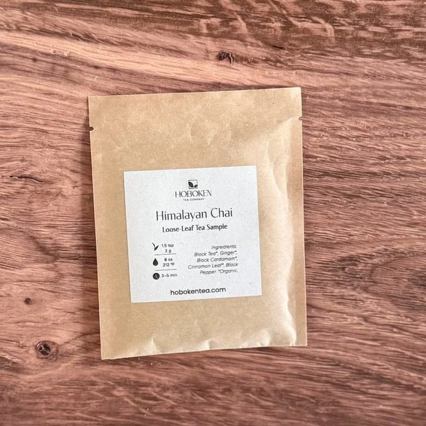 a small paper packet of Himalayan Chai loose leaf black tea from Hoboken Tea Company