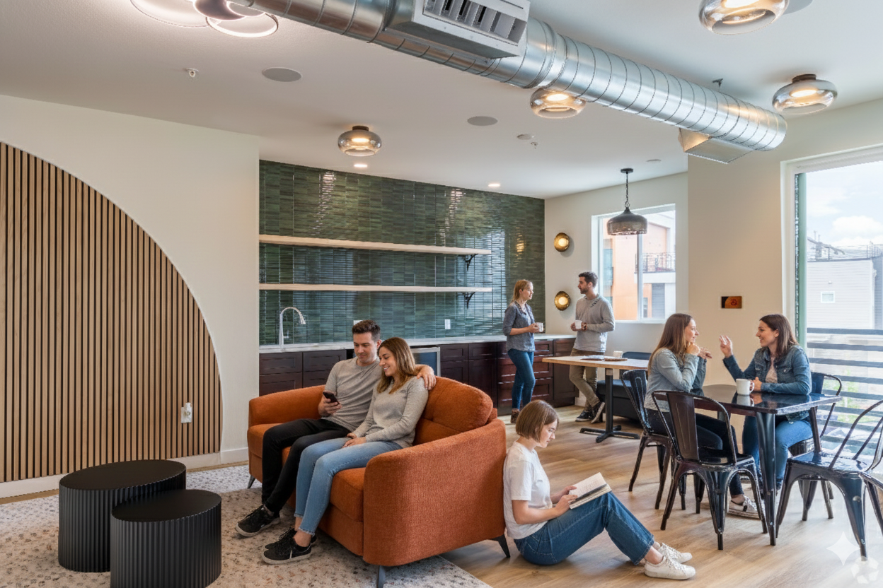 Modern interior of a lounge or communal area with a burnt orange sofa, black chairs around a table, green tiled wall with open shelves, small kitchen area, windows with city views, and industrial-style ceiling ductwork.
