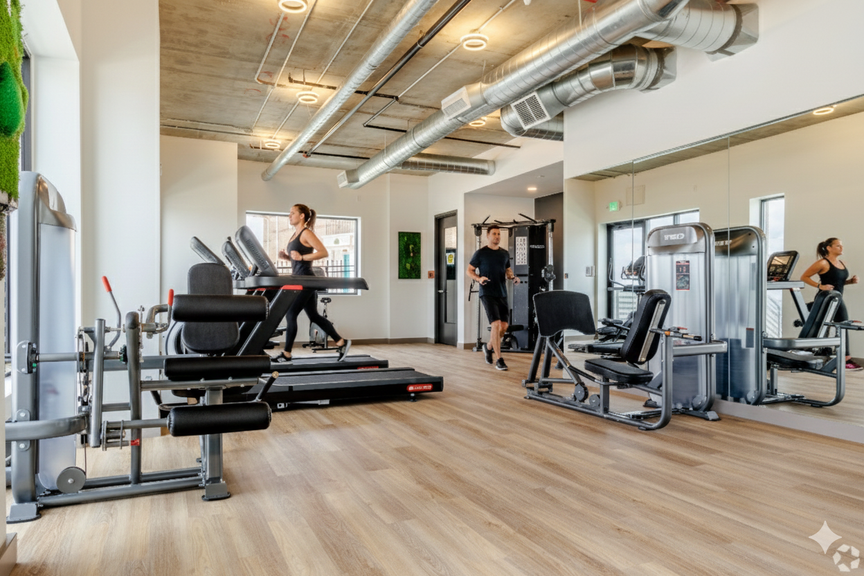 Modern gym with cardio machines, strength training equipment, and wooden flooring, large windows, and exposed ductwork on the ceiling.