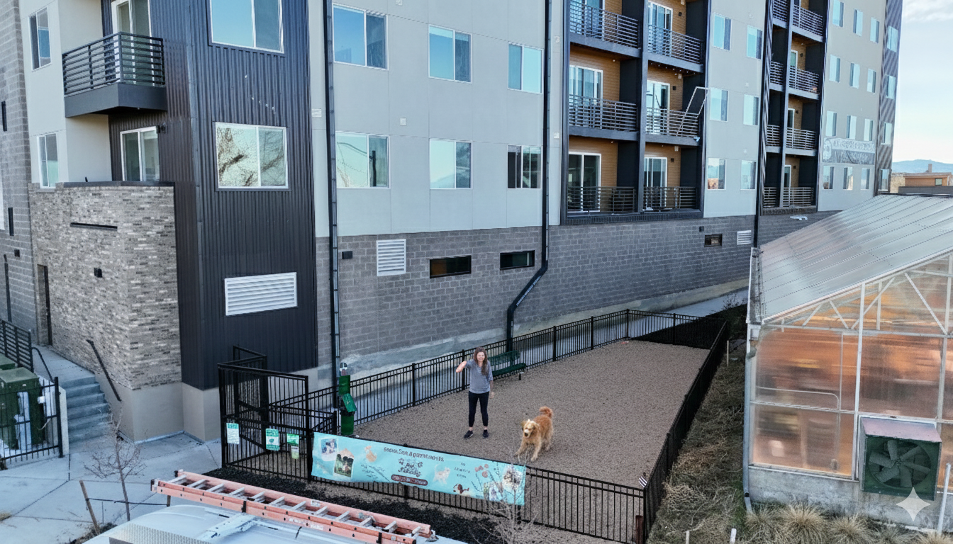 Apartment building with balconies, small fenced dog park, and a greenhouse structure on the right.