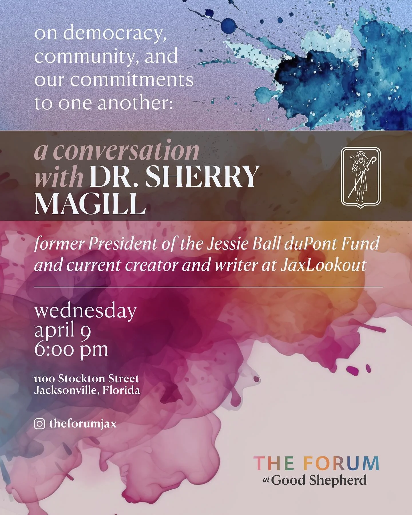 Join us on Wednesday, April 9 at 6:00 pm for the next Forum at @goodshepherdjaxchurch! We welcome Dr. Sherry Magill as our guest speaker who will discuss democracy, community, and our commitments to one another. It&rsquo;s going to be a fantastic con