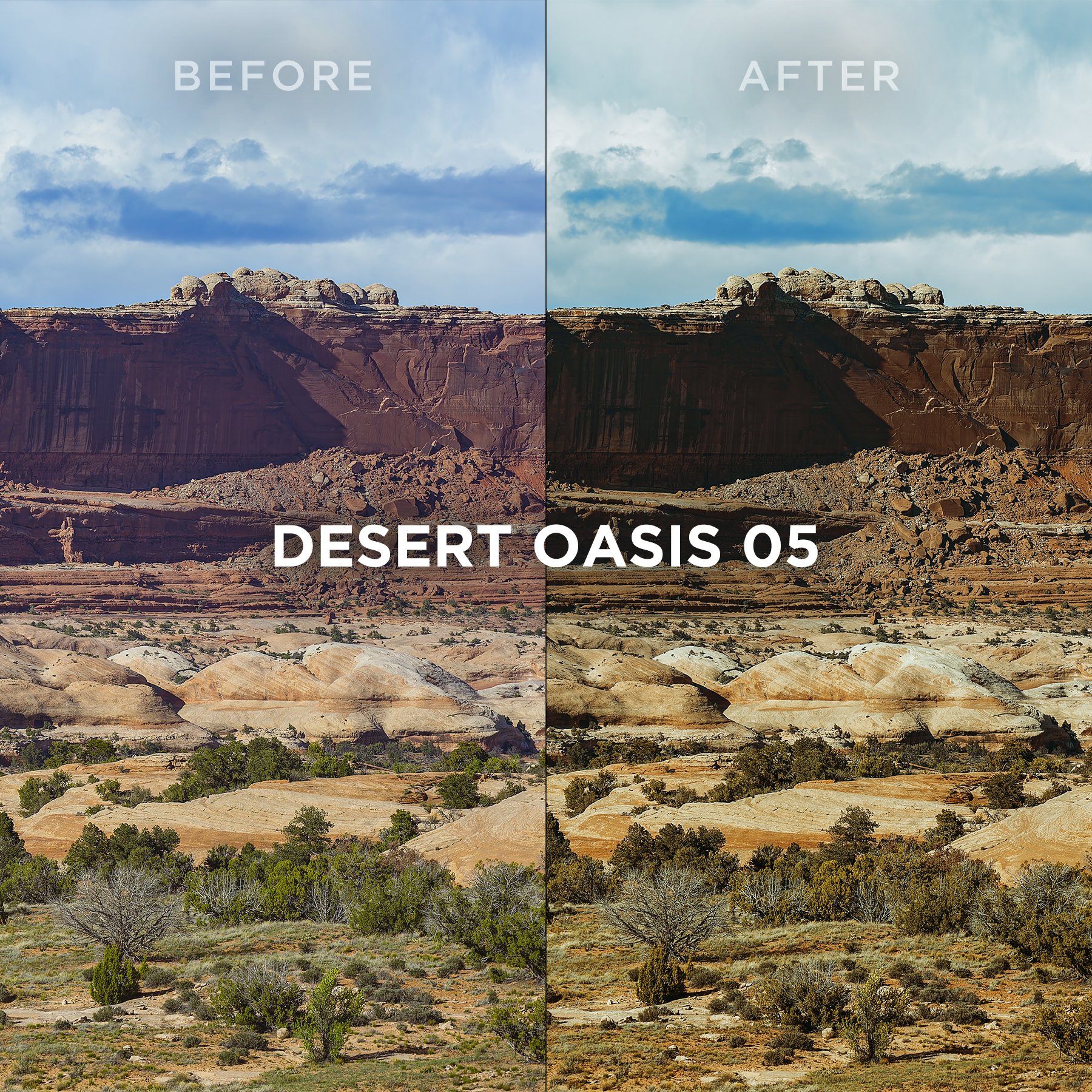 Before and after comparison of a Utah canyon mesa with soft light and natural tones, enhanced using the Desert Oasis preset for a clean, balanced Lightroom edit.