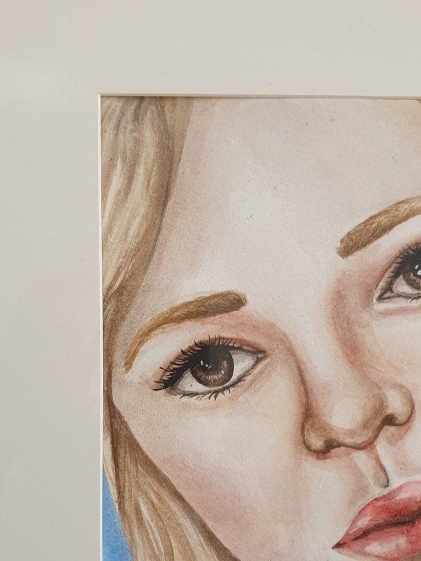 Handgemaltes Aquarellbild. Gesicht von blonder Frau, mit kinnlangen Haaren und Braunen Augen. einzigartiges Sammlerstück