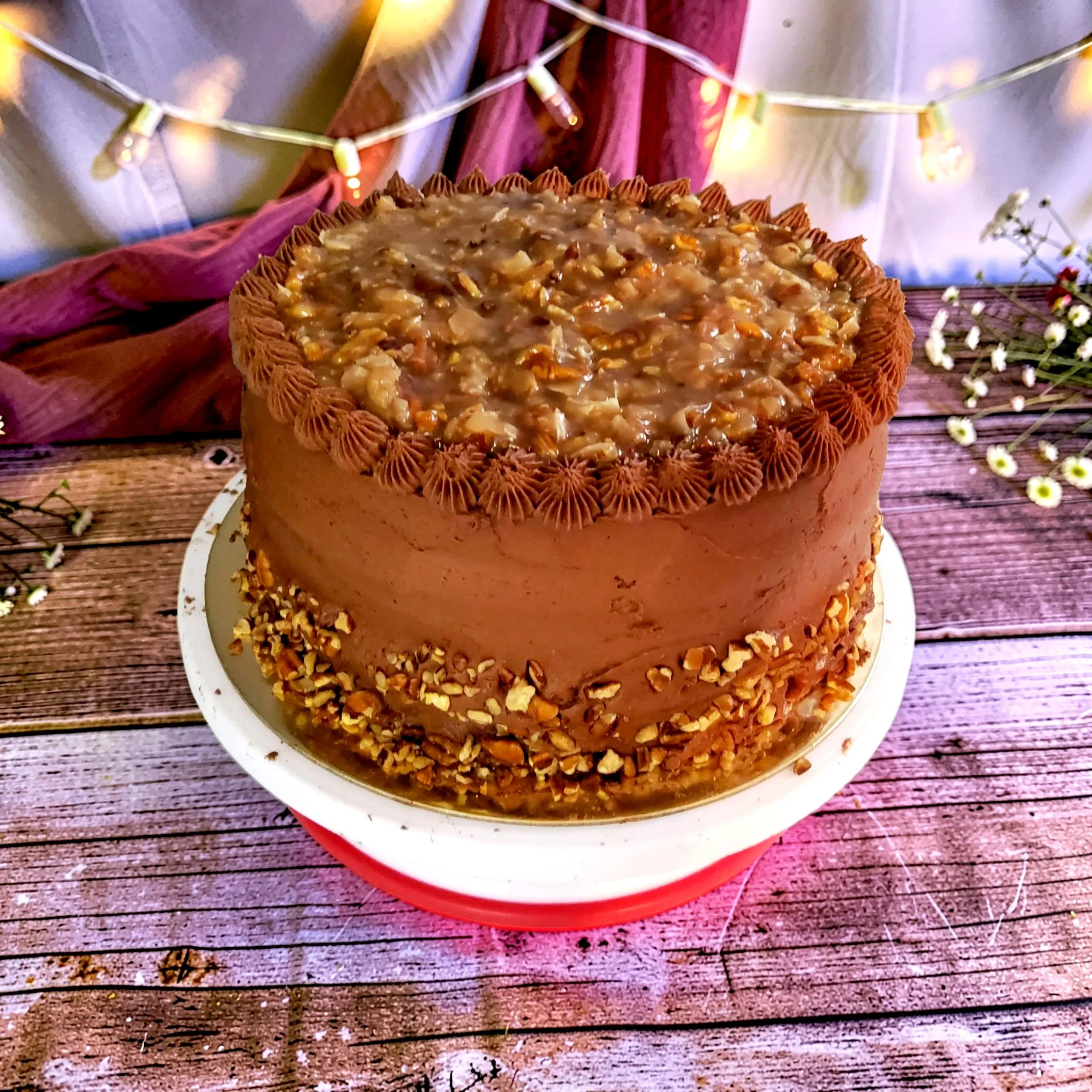 Plant-based 3-layer/8-inch round/German chocolate cake/coconut butter pecan filling/chocolate frosting